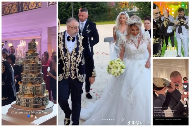 Nuntă de baron. Tort împodobit cu bani, elicopter, şampanie de 10.000 euro şi suită de manelişti VIDEO
