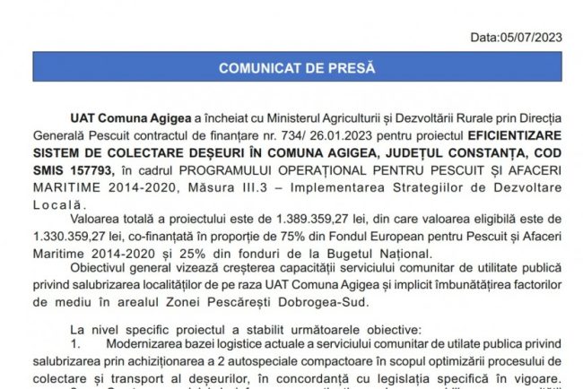 UAT Agigea, contract de finantare cu MADR pentru Eficientizare sistem de colectare deseuri in Comuna Agigea, Judetul Constanta