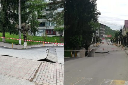Stradă surpată în Slănic Prahova. Perimetrul de siguranţă a fost extins și s-au alocat spaţii pentru cazarea persoanelor evacuate