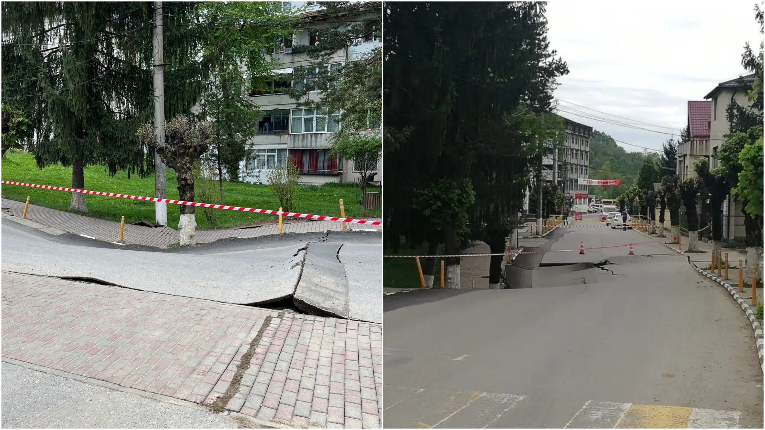 Stradă surpată în Slănic Prahova. Perimetrul de siguranţă a fost extins și s-au alocat spaţii pentru cazarea persoanelor evacuate